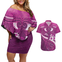 Pink Polynesia Couples Matching Off Shoulder Short Dress and Hawaiian Shirt Tribal Pattern Tropical Frangipani