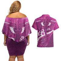 Pink Polynesia Couples Matching Off Shoulder Short Dress and Hawaiian Shirt Tribal Pattern Tropical Frangipani