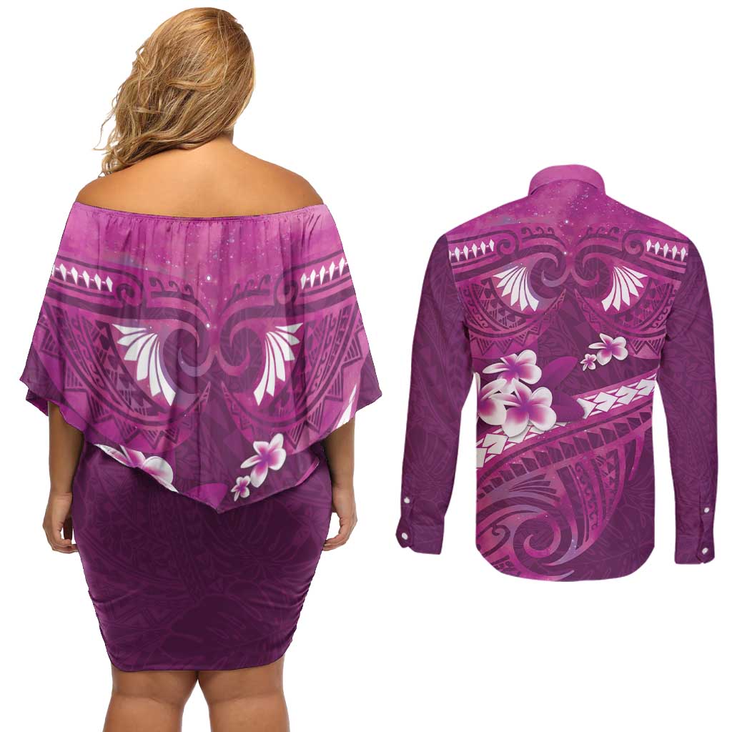 Pink Polynesia Couples Matching Off Shoulder Short Dress and Long Sleeve Button Shirt Tribal Pattern Tropical Frangipani