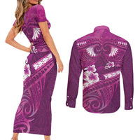 Pink Polynesia Couples Matching Short Sleeve Bodycon Dress and Long Sleeve Button Shirt Tribal Pattern Tropical Frangipani