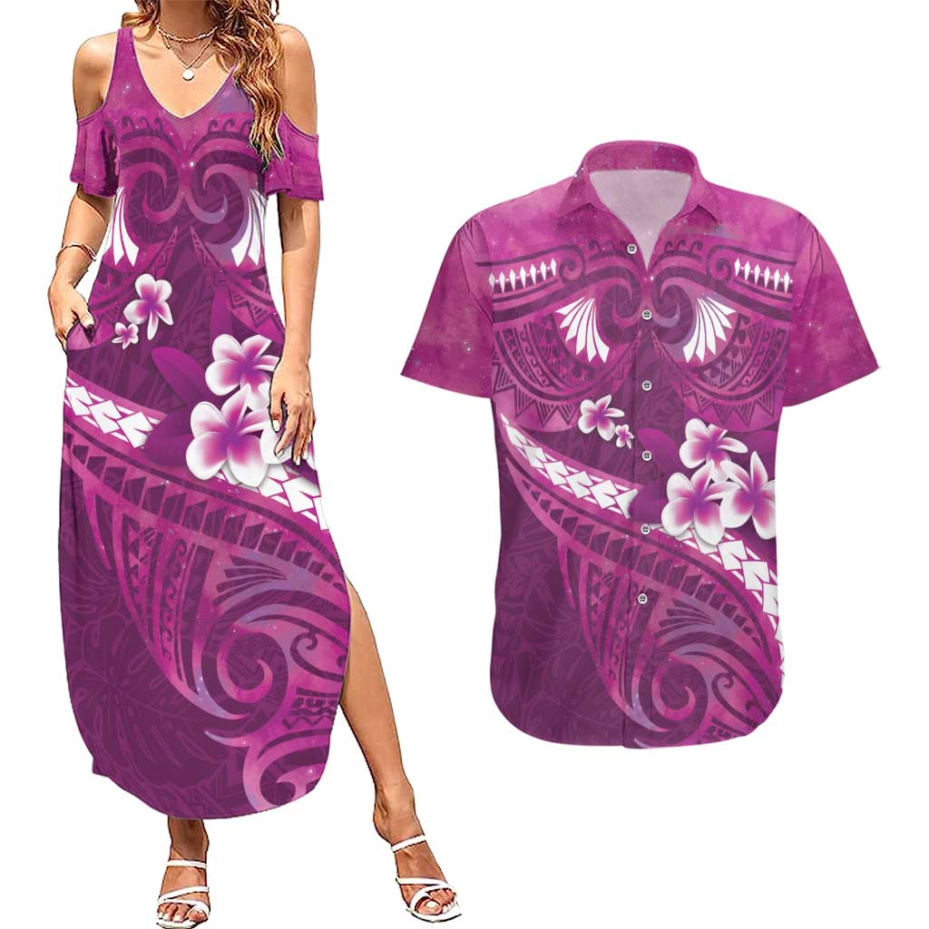 Pink Polynesia Couples Matching Summer Maxi Dress and Hawaiian Shirt Tribal Pattern Tropical Frangipani