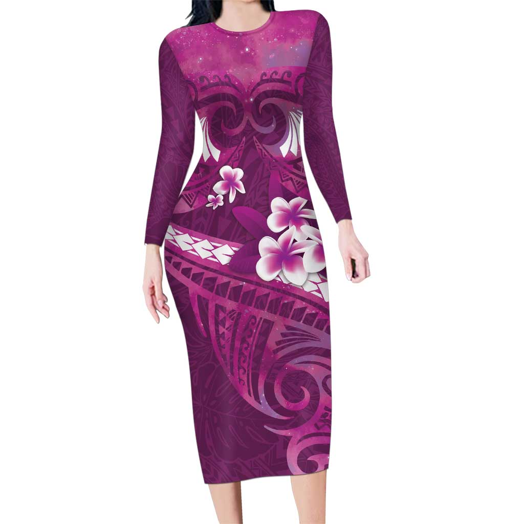 Pink Polynesia Family Matching Long Sleeve Bodycon Dress and Hawaiian Shirt Tribal Pattern Tropical Frangipani