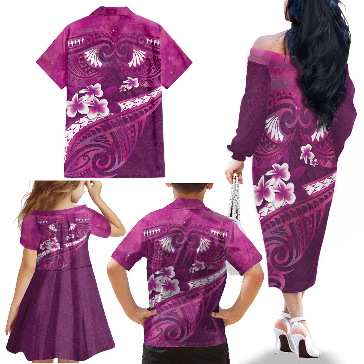 Pink Polynesia Family Matching Off The Shoulder Long Sleeve Dress and Hawaiian Shirt Tribal Pattern Tropical Frangipani LT14 - Polynesian Pride