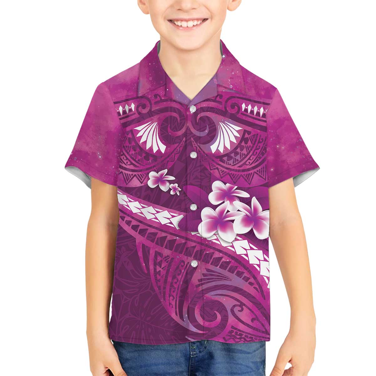 Pink Polynesia Family Matching Off The Shoulder Long Sleeve Dress and Hawaiian Shirt Tribal Pattern Tropical Frangipani LT14 Son's Shirt Pink - Polynesian Pride