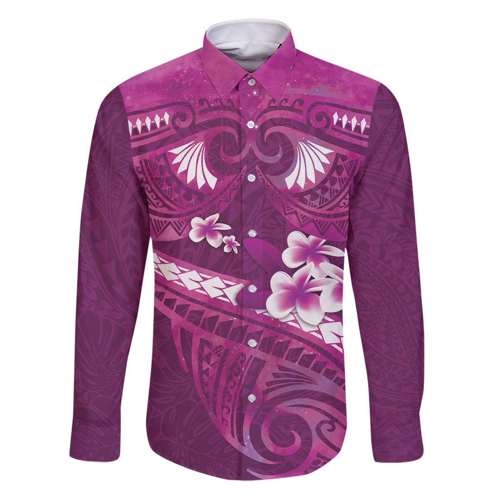 Pink Polynesia Family Matching Summer Maxi Dress and Hawaiian Shirt Tribal Pattern Tropical Frangipani LT14 Dad's Shirt - Long Sleeve Pink - Polynesian Pride