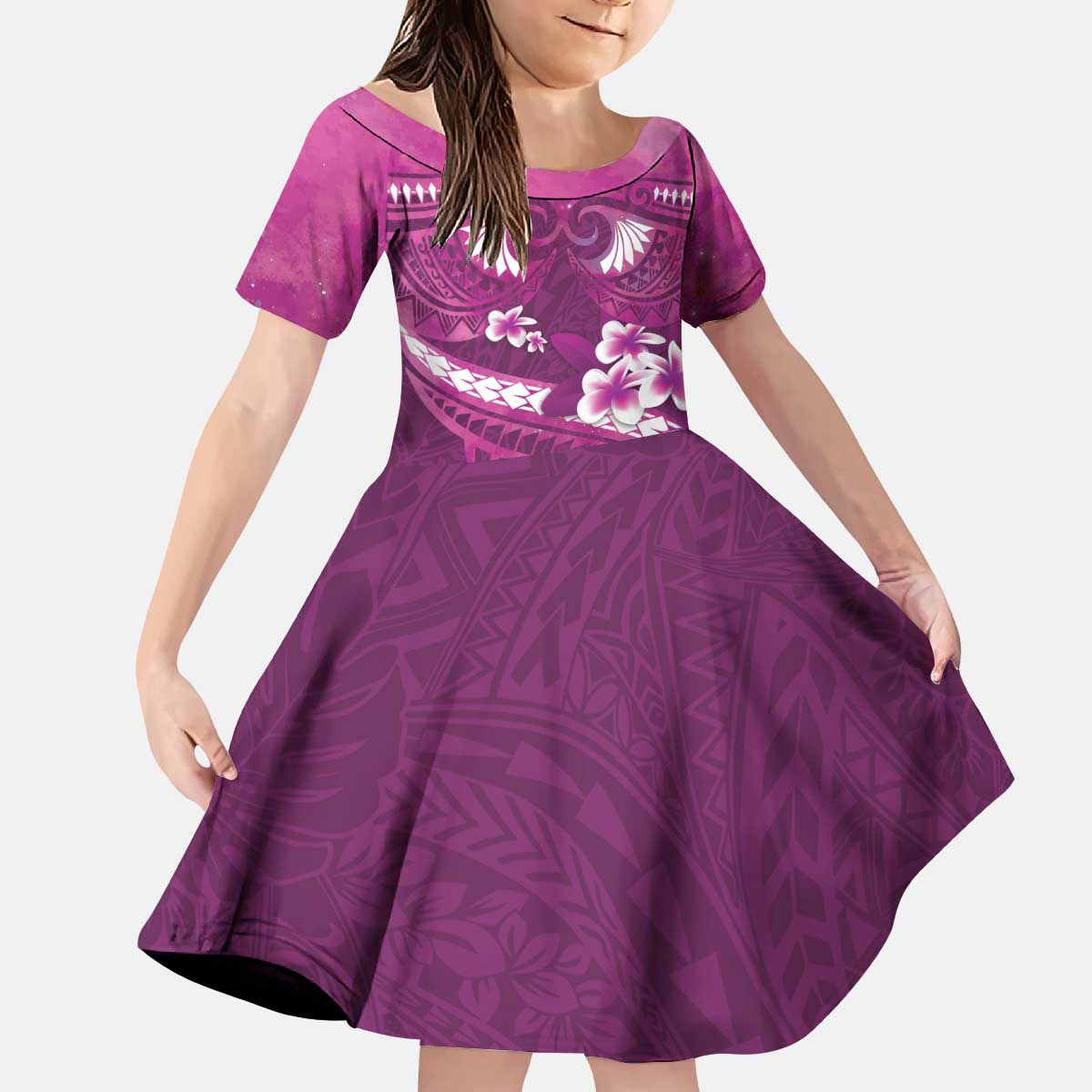 Pink Polynesia Kid Short Sleeve Dress Tribal Pattern Tropical Frangipani