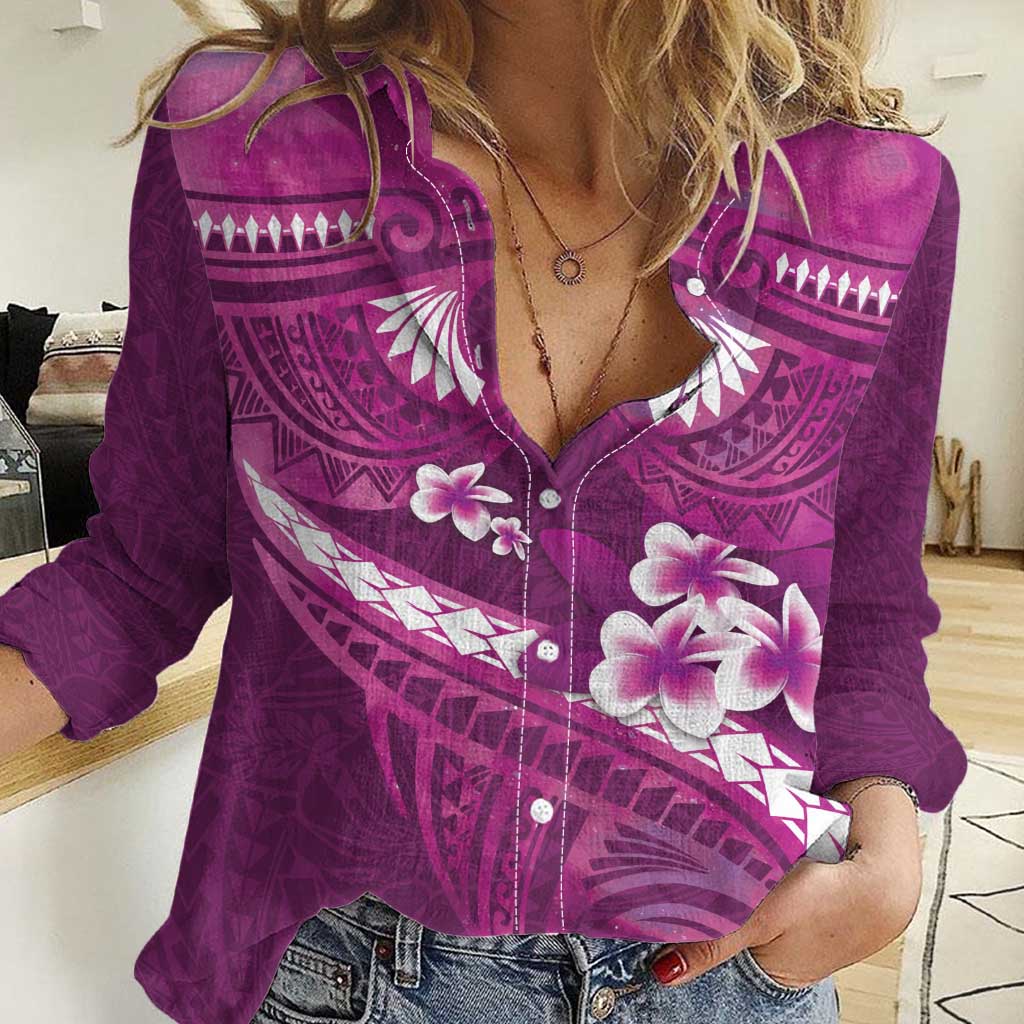 Pink Polynesia Women Casual Shirt Tribal Pattern Tropical Frangipani