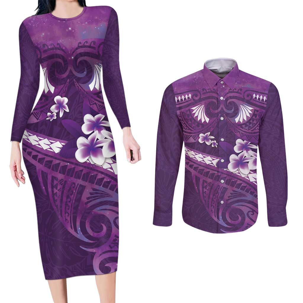 Purple Polynesia Couples Matching Long Sleeve Bodycon Dress and Long Sleeve Button Shirt Tribal Pattern Tropical Frangipani