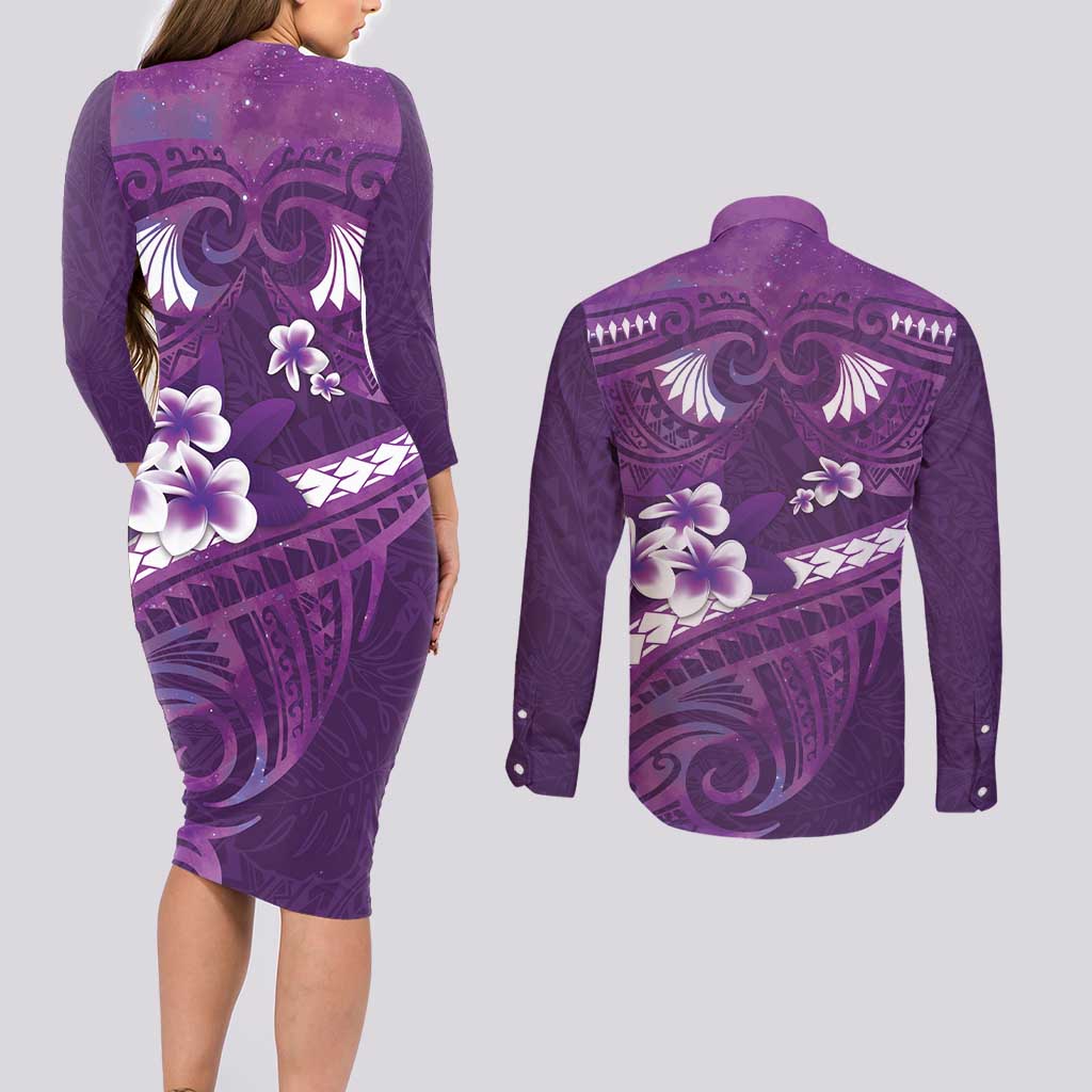 Purple Polynesia Couples Matching Long Sleeve Bodycon Dress and Long Sleeve Button Shirt Tribal Pattern Tropical Frangipani