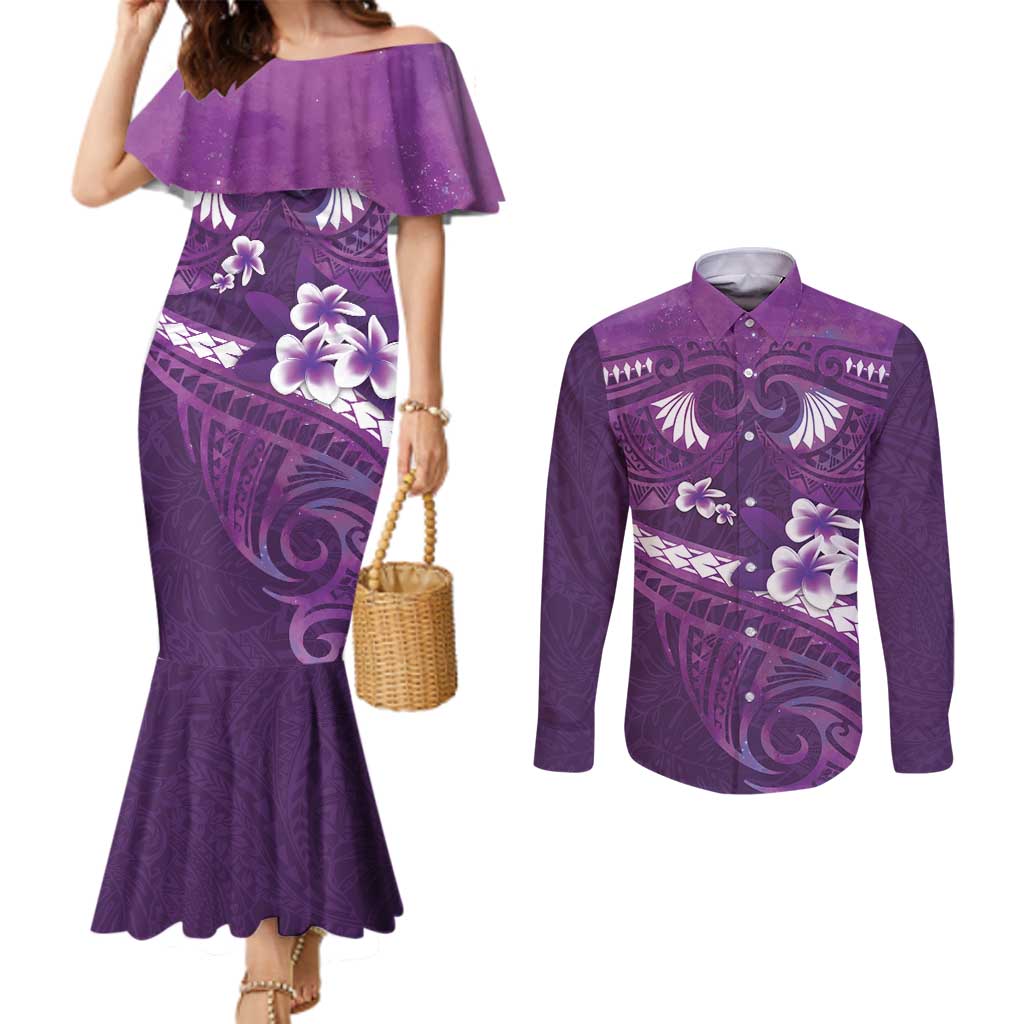 Purple Polynesia Couples Matching Mermaid Dress and Long Sleeve Button Shirt Tribal Pattern Tropical Frangipani LT14 Purple - Polynesian Pride