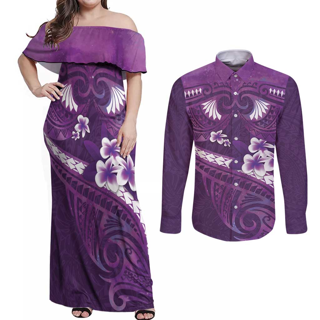 Purple Polynesia Couples Matching Off Shoulder Maxi Dress and Long Sleeve Button Shirt Tribal Pattern Tropical Frangipani LT14 Purple - Polynesian Pride