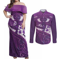 Purple Polynesia Couples Matching Off Shoulder Maxi Dress and Long Sleeve Button Shirt Tribal Pattern Tropical Frangipani