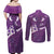 Purple Polynesia Couples Matching Off Shoulder Maxi Dress and Long Sleeve Button Shirt Tribal Pattern Tropical Frangipani