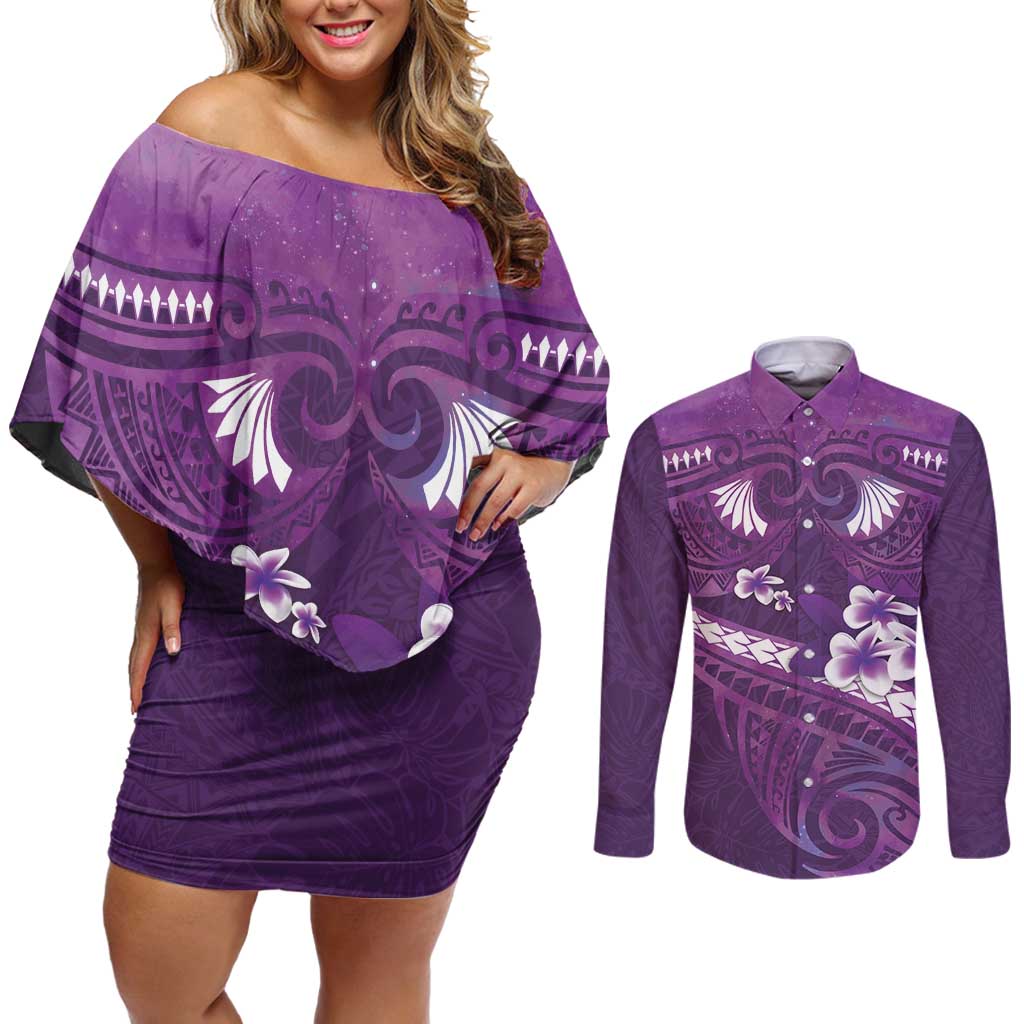Purple Polynesia Couples Matching Off Shoulder Short Dress and Long Sleeve Button Shirt Tribal Pattern Tropical Frangipani LT14 Purple - Polynesian Pride