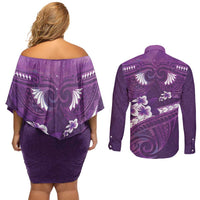 Purple Polynesia Couples Matching Off Shoulder Short Dress and Long Sleeve Button Shirt Tribal Pattern Tropical Frangipani