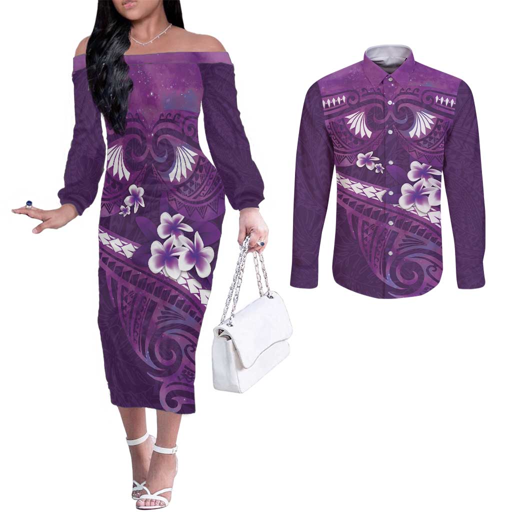 Purple Polynesia Couples Matching Off The Shoulder Long Sleeve Dress and Long Sleeve Button Shirt Tribal Pattern Tropical Frangipani LT14 Purple - Polynesian Pride