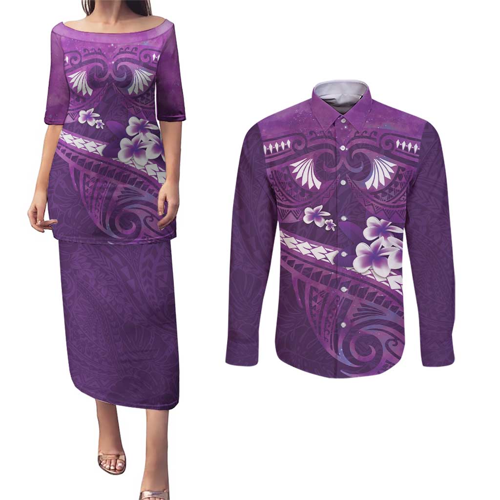 Purple Polynesia Couples Matching Puletasi and Long Sleeve Button Shirt Tribal Pattern Tropical Frangipani LT14 Purple - Polynesian Pride