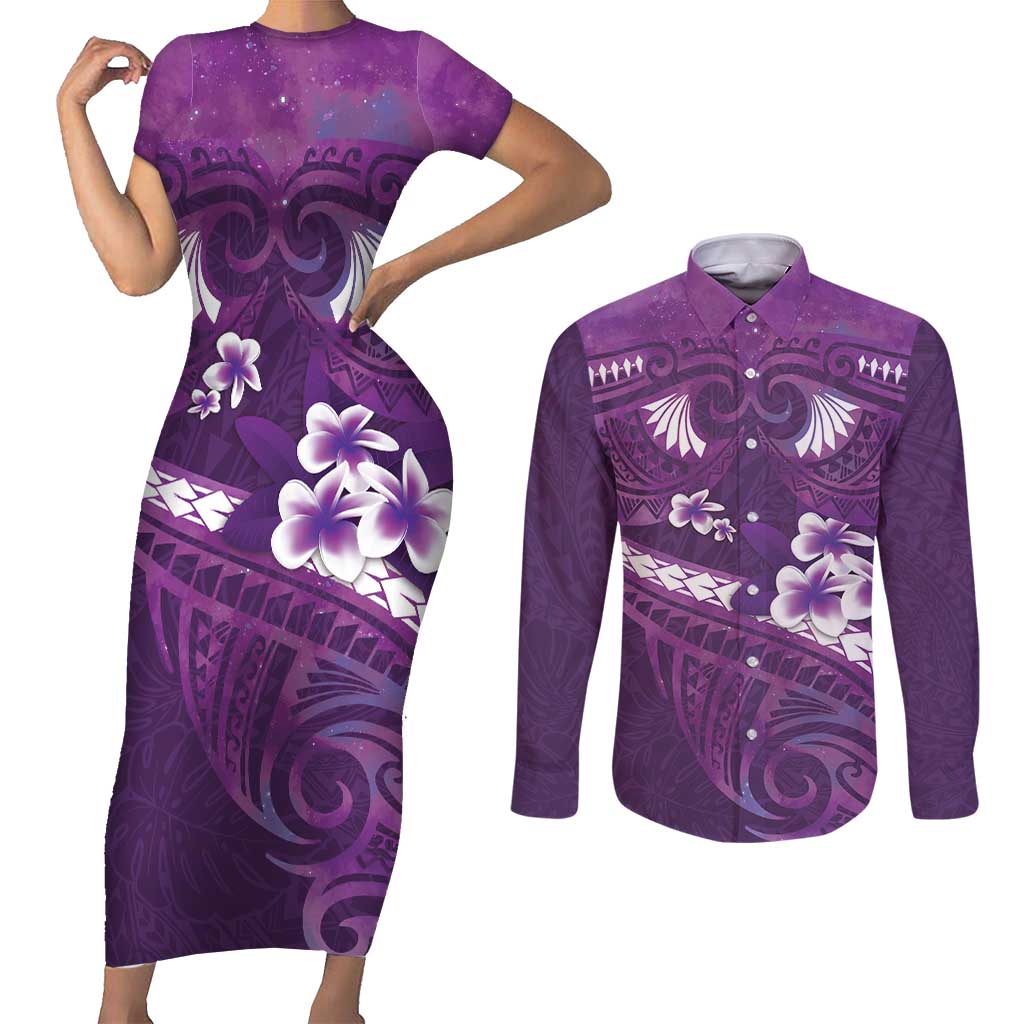 Purple Polynesia Couples Matching Short Sleeve Bodycon Dress and Long Sleeve Button Shirt Tribal Pattern Tropical Frangipani