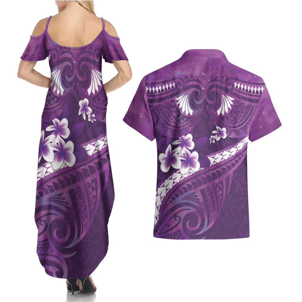 Purple Polynesia Couples Matching Summer Maxi Dress and Hawaiian Shirt Tribal Pattern Tropical Frangipani