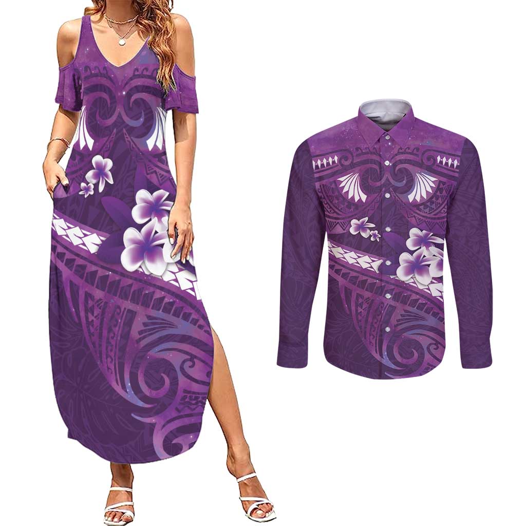 Purple Polynesia Couples Matching Summer Maxi Dress and Long Sleeve Button Shirt Tribal Pattern Tropical Frangipani LT14 Purple - Polynesian Pride