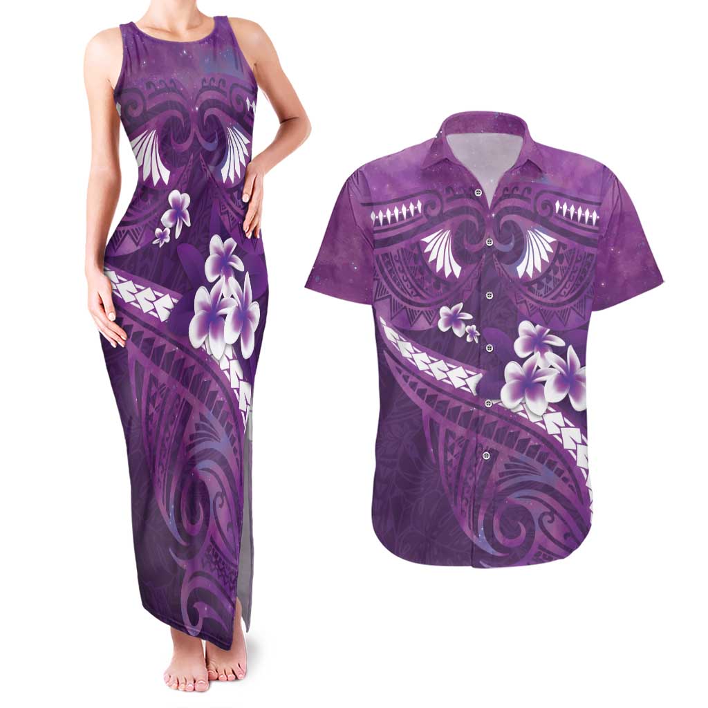 Purple Polynesia Couples Matching Tank Maxi Dress and Hawaiian Shirt Tribal Pattern Tropical Frangipani LT14 Purple - Polynesian Pride
