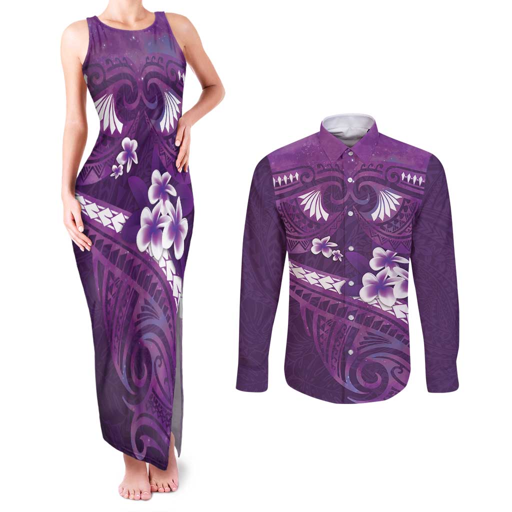 Purple Polynesia Couples Matching Tank Maxi Dress and Long Sleeve Button Shirt Tribal Pattern Tropical Frangipani