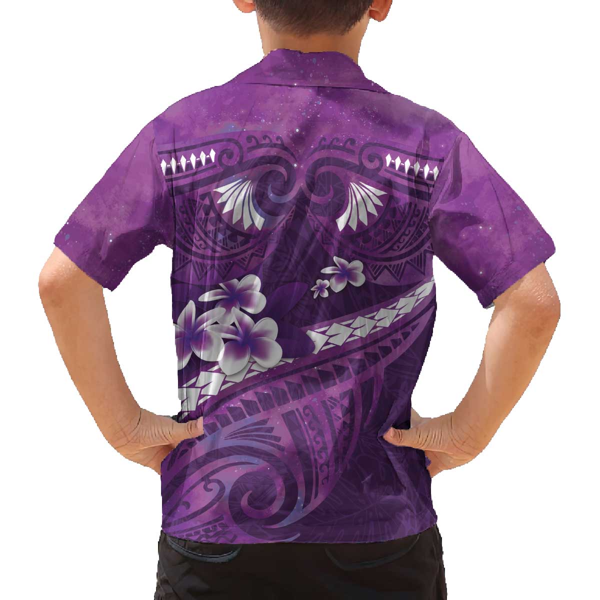 Purple Polynesia Family Matching Off The Shoulder Long Sleeve Dress and Hawaiian Shirt Tribal Pattern Tropical Frangipani LT14 - Polynesian Pride