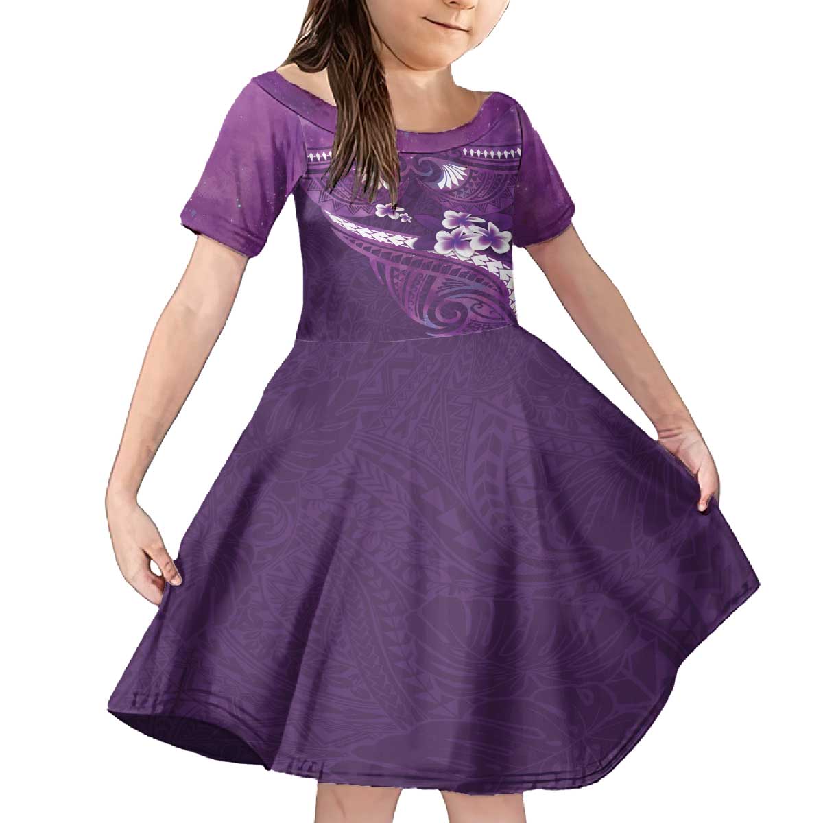 Purple Polynesia Family Matching Off The Shoulder Long Sleeve Dress and Hawaiian Shirt Tribal Pattern Tropical Frangipani LT14 Daughter's Dress Purple - Polynesian Pride