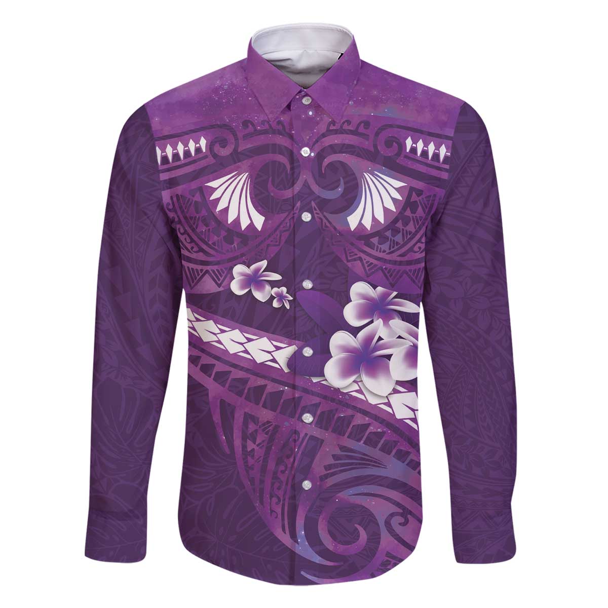 Purple Polynesia Family Matching Off The Shoulder Long Sleeve Dress and Hawaiian Shirt Tribal Pattern Tropical Frangipani LT14 Dad's Shirt - Long Sleeve Purple - Polynesian Pride