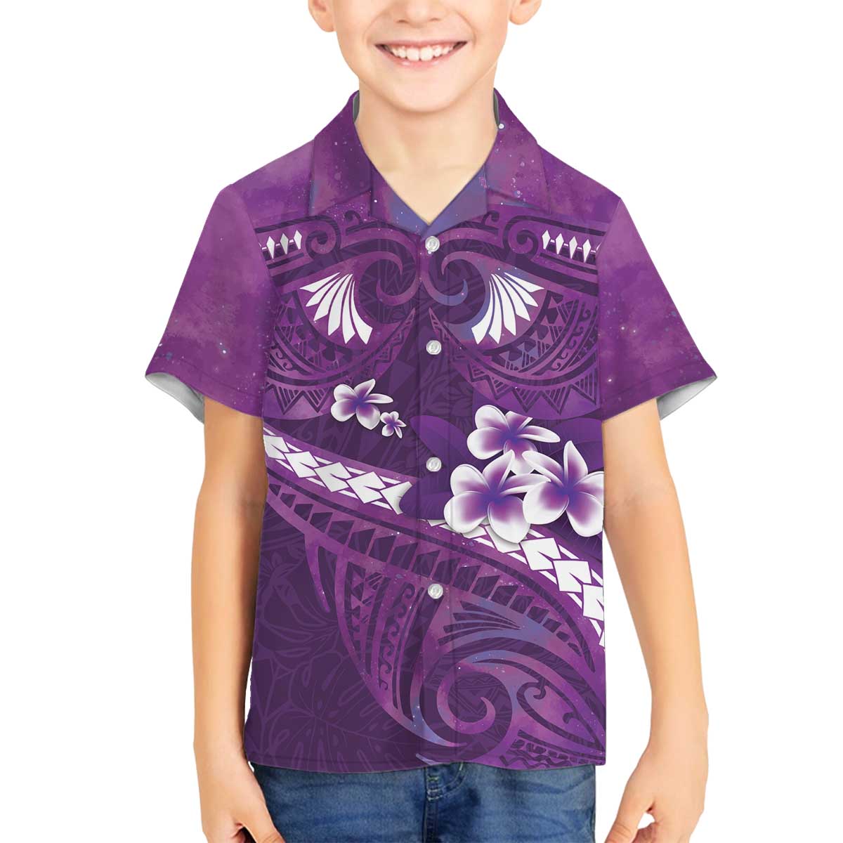 Purple Polynesia Family Matching Off The Shoulder Long Sleeve Dress and Hawaiian Shirt Tribal Pattern Tropical Frangipani LT14 Son's Shirt Purple - Polynesian Pride