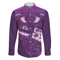 Purple Polynesia Family Matching Off Shoulder Short Dress and Hawaiian Shirt Tribal Pattern Tropical Frangipani LT14 Dad's Shirt - Long Sleeve Purple - Polynesian Pride
