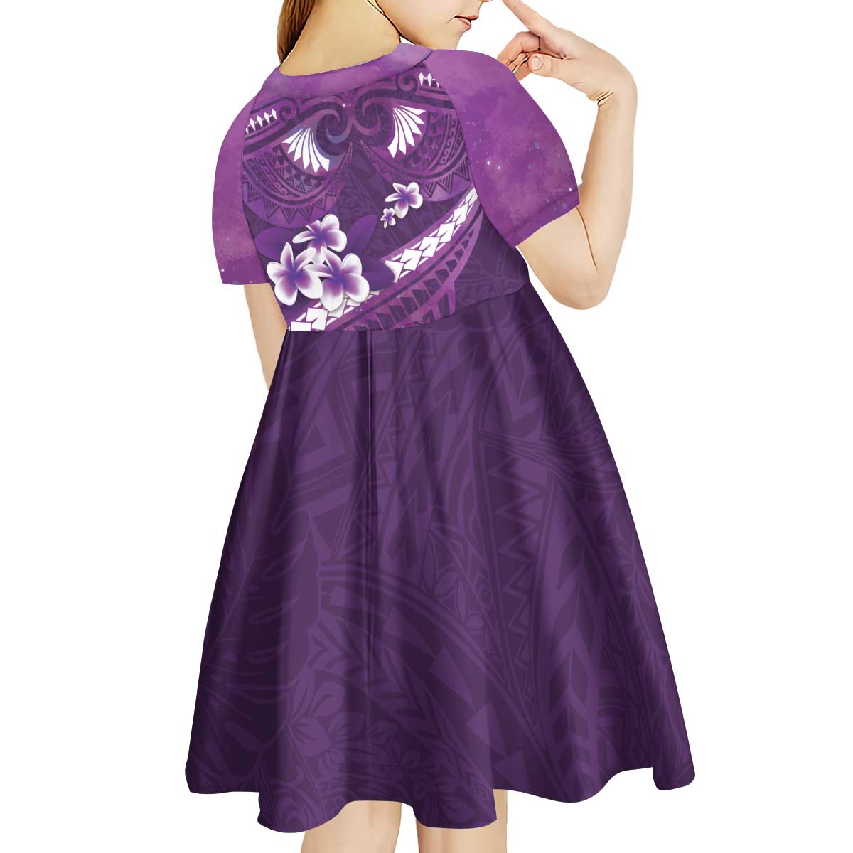 Purple Polynesia Kid Short Sleeve Dress Tribal Pattern Tropical Frangipani