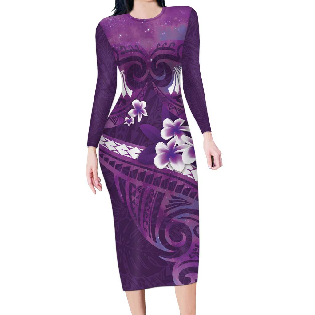 Purple Polynesia Long Sleeve Bodycon Dress Tribal Pattern Tropical Frangipani LT14 Long Dress Purple - Polynesian Pride