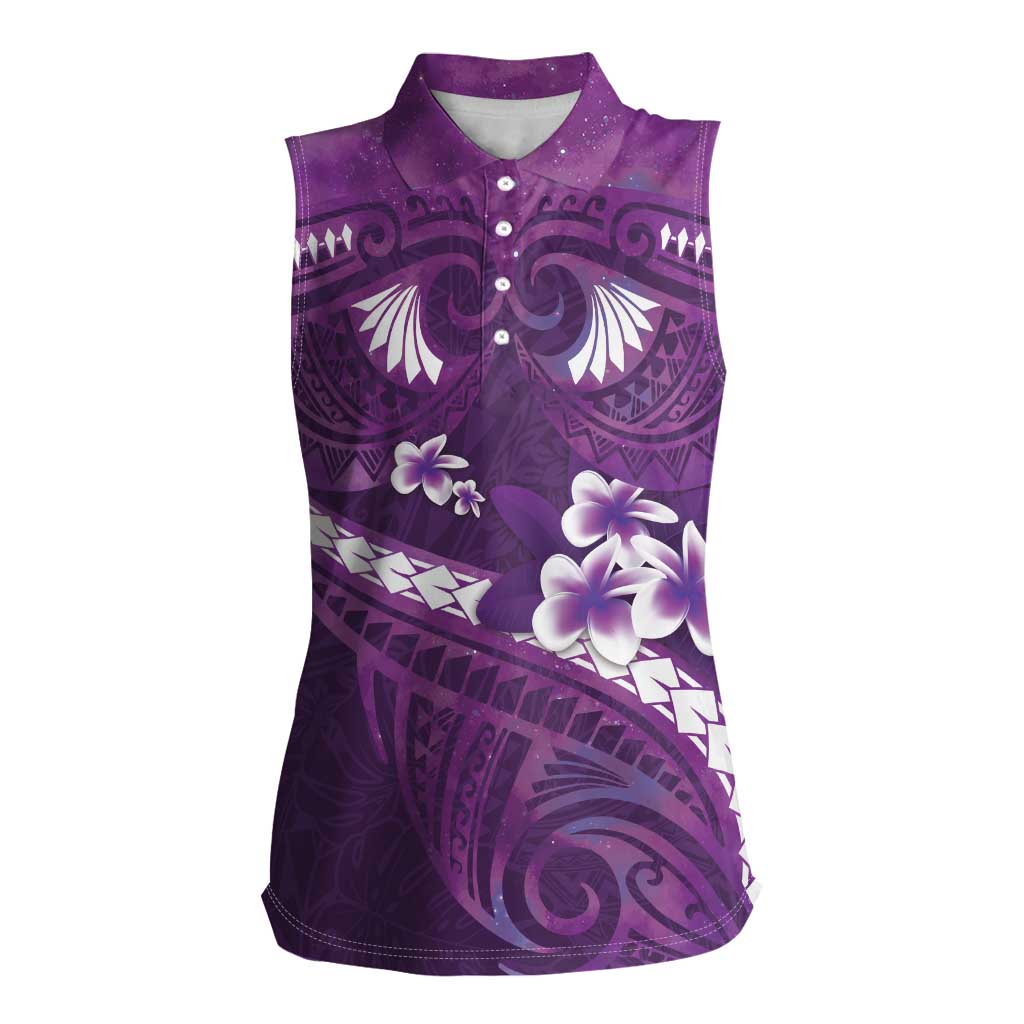 Purple Polynesia Women Sleeveless Polo Shirt Tribal Pattern Tropical Frangipani