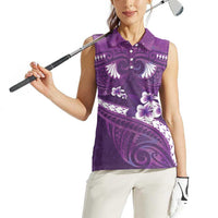 Purple Polynesia Women Sleeveless Polo Shirt Tribal Pattern Tropical Frangipani
