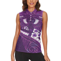 Purple Polynesia Women Sleeveless Polo Shirt Tribal Pattern Tropical Frangipani