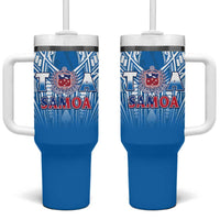 Samoa Rugby Tumbler With Handle Toa Samoa Polynesian Pacific Blue Version