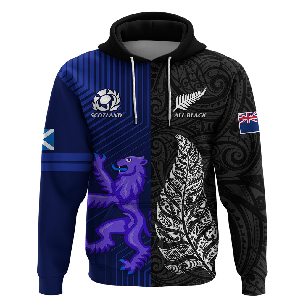 New Zealand and Scotland Rugby Hoodie All Black Maori With Thistle Together LT14 Black - Polynesian Pride