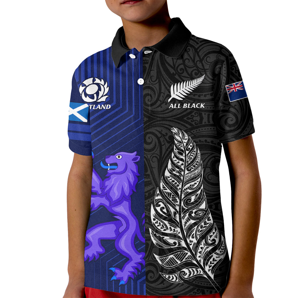 New Zealand and Scotland Rugby Kid Polo Shirt All Black Maori With Thistle Together LT14 Kid Black - Polynesian Pride