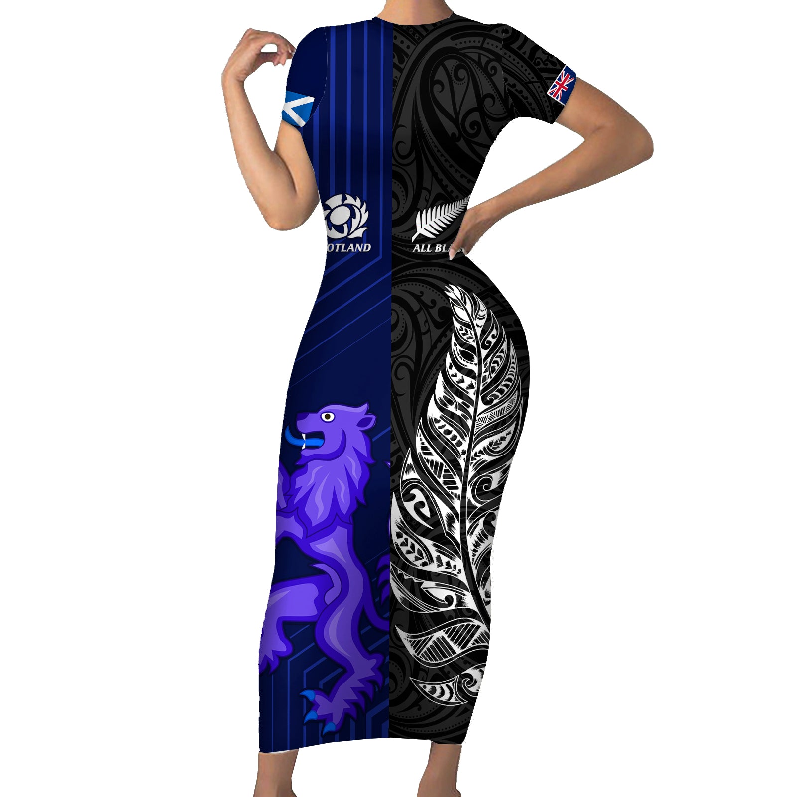New Zealand and Scotland Rugby Short Sleeve Bodycon Dress All Black Maori With Thistle Together LT14 Long Dress Black - Polynesian Pride