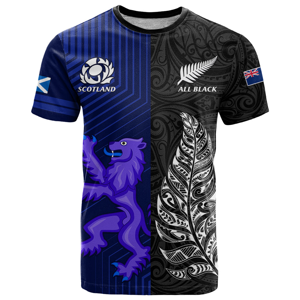 New Zealand and Scotland Rugby T Shirt All Black Maori With Thistle Together LT14 Black - Polynesian Pride