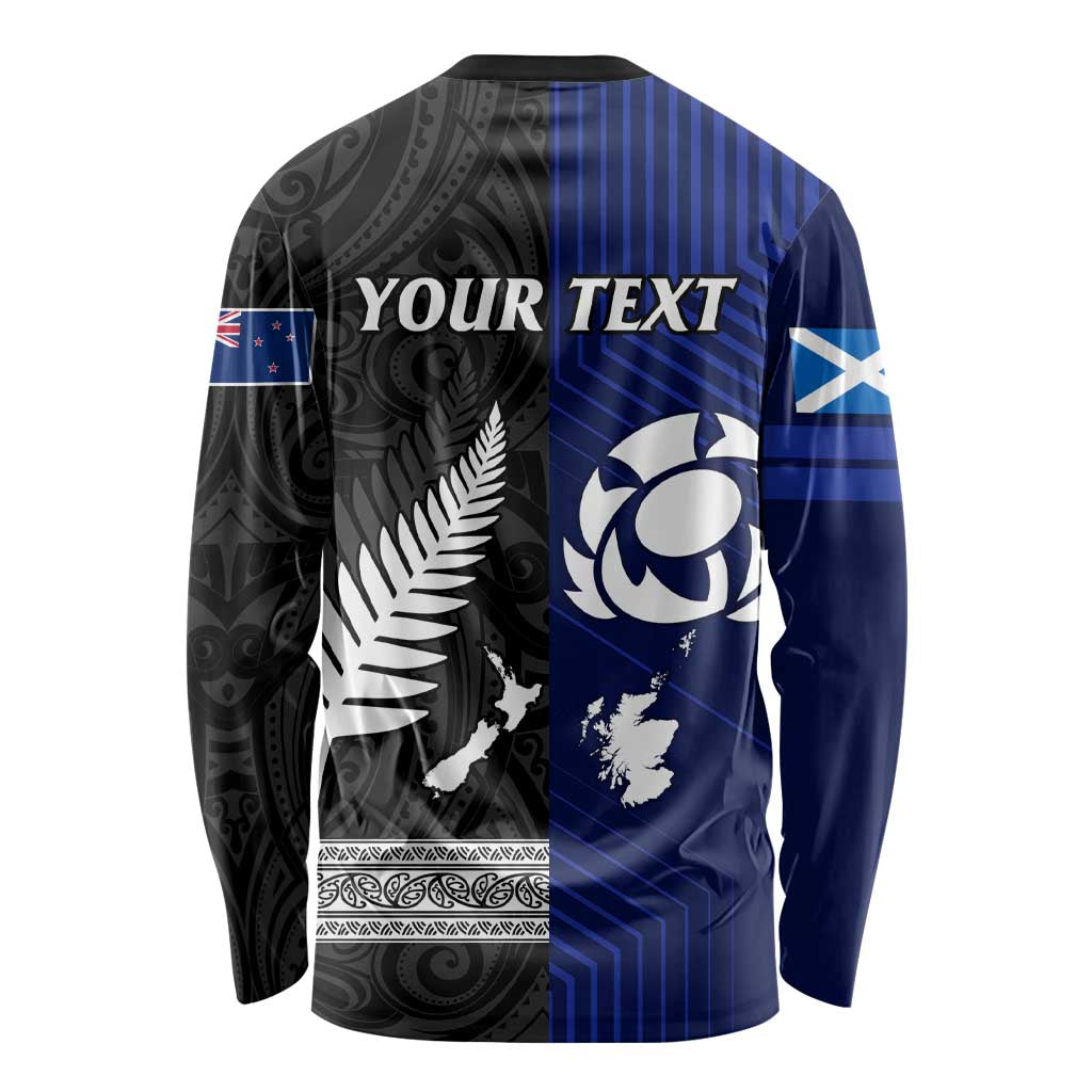 Personalised New Zealand and Scotland Rugby Long Sleeve Shirt All Black Maori With Thistle Together LT14