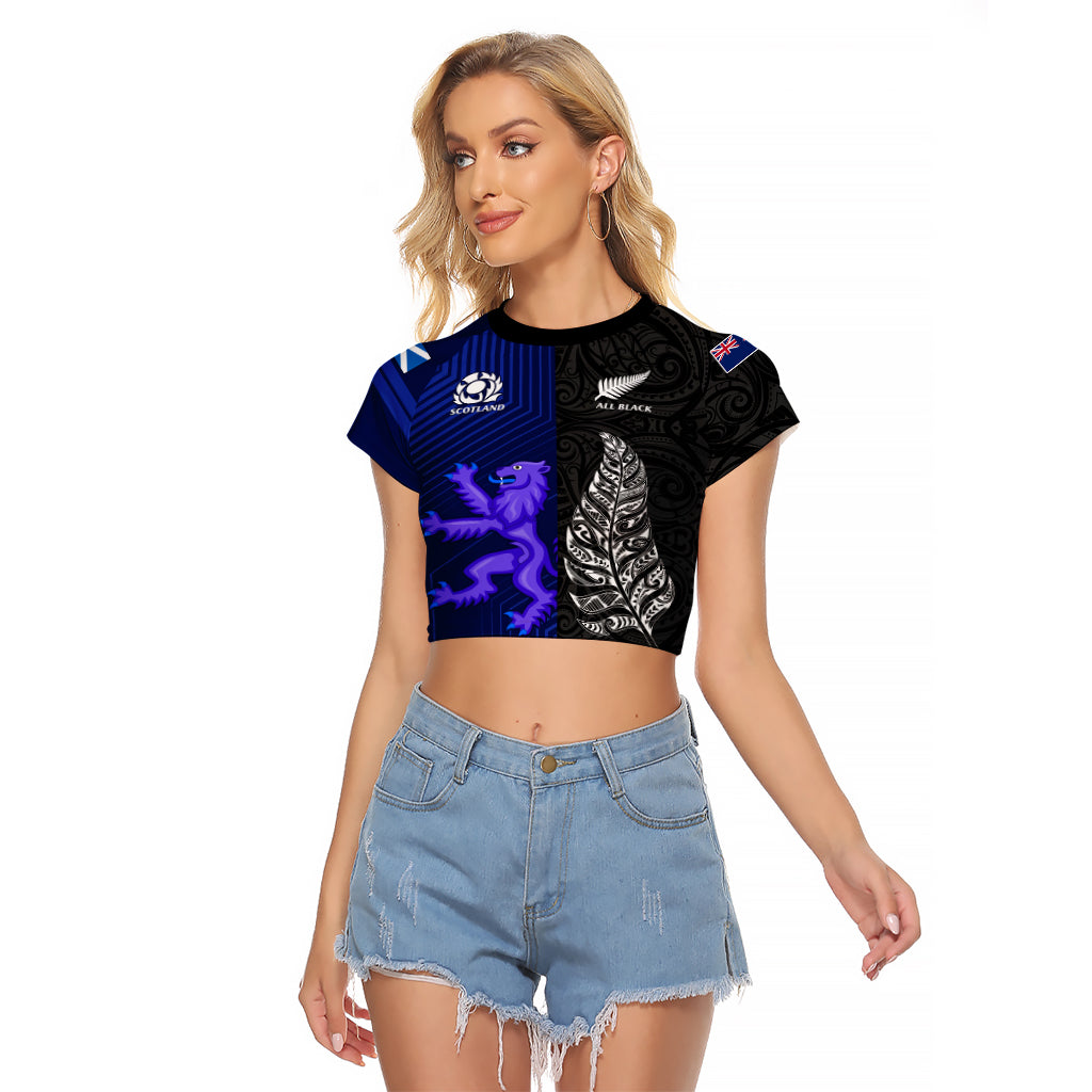 Personalised New Zealand and Scotland Rugby Raglan Cropped T Shirt All Black Maori With Thistle Together LT14 Female Black - Polynesian Pride