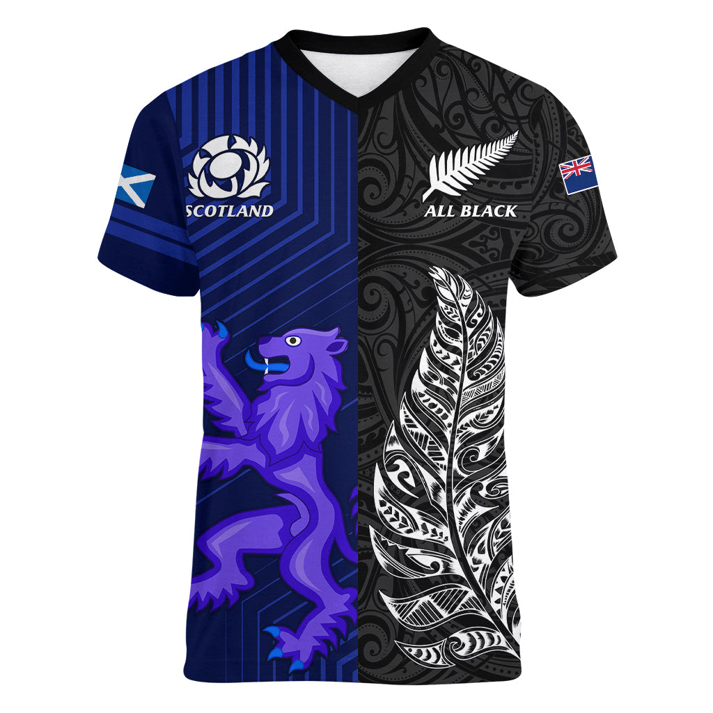 Personalised New Zealand and Scotland Rugby Women V Neck T Shirt All Black Maori With Thistle Together LT14 Female Black - Polynesian Pride