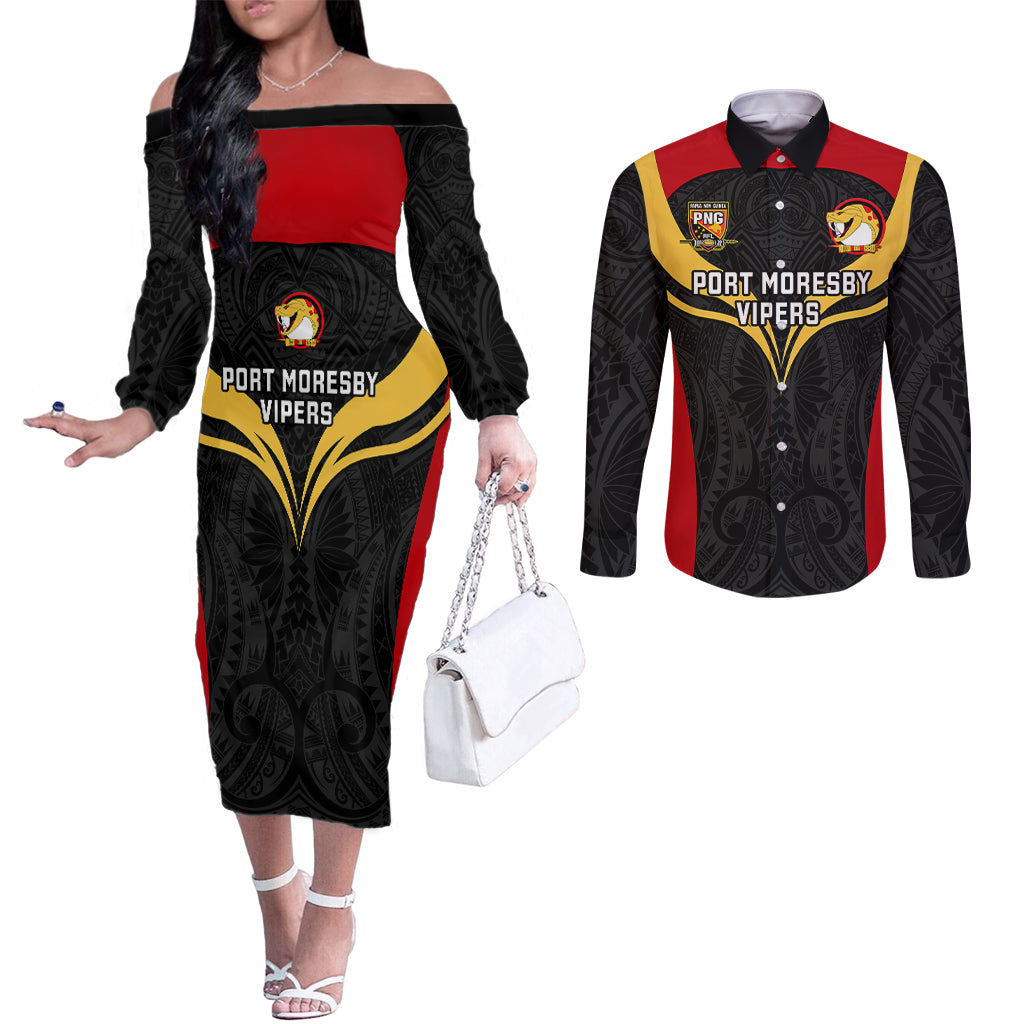 Papua New Guinea Rugby Couples Matching Off The Shoulder Long Sleeve Dress and Long Sleeve Button Shirts Port Moresby Vipers PNG Polynesian Pattern LT14 Black - Polynesian Pride