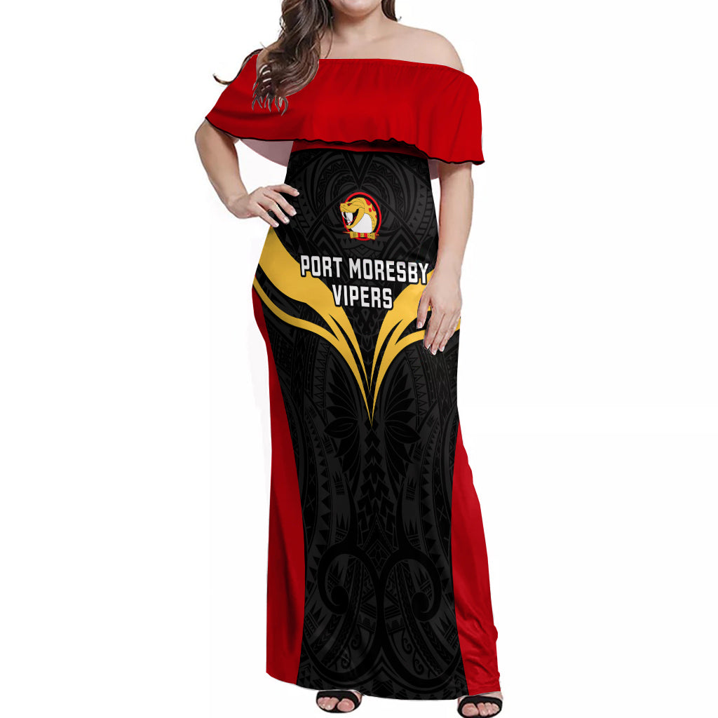 Papua New Guinea Rugby Off Shoulder Maxi Dress Port Moresby Vipers PNG Polynesian Pattern LT14 Women Black - Polynesian Pride
