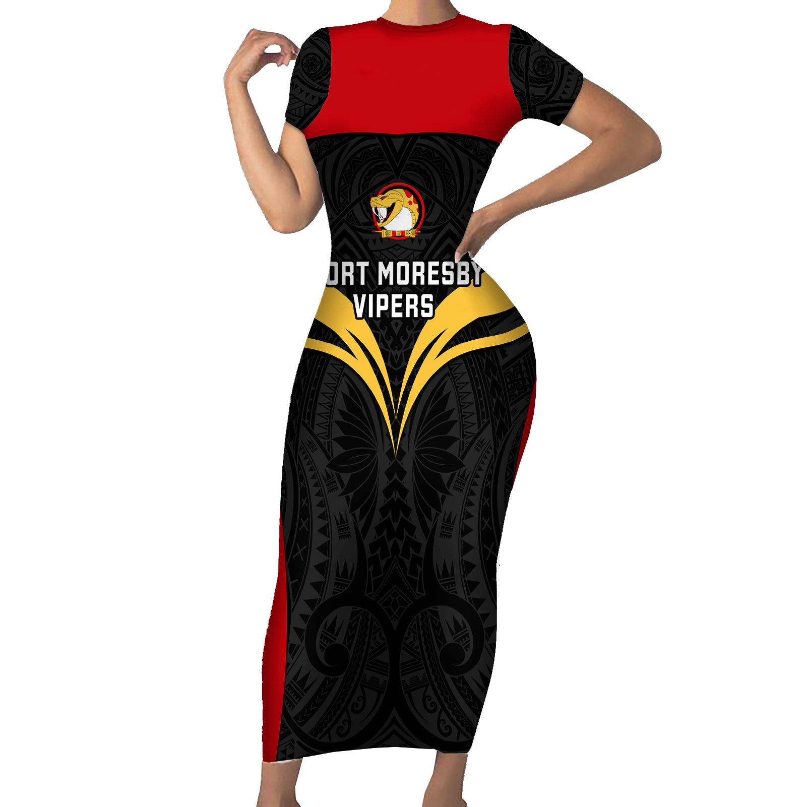 Papua New Guinea Rugby Short Sleeve Bodycon Dress Port Moresby Vipers PNG Polynesian Pattern LT14 Long Dress Black - Polynesian Pride