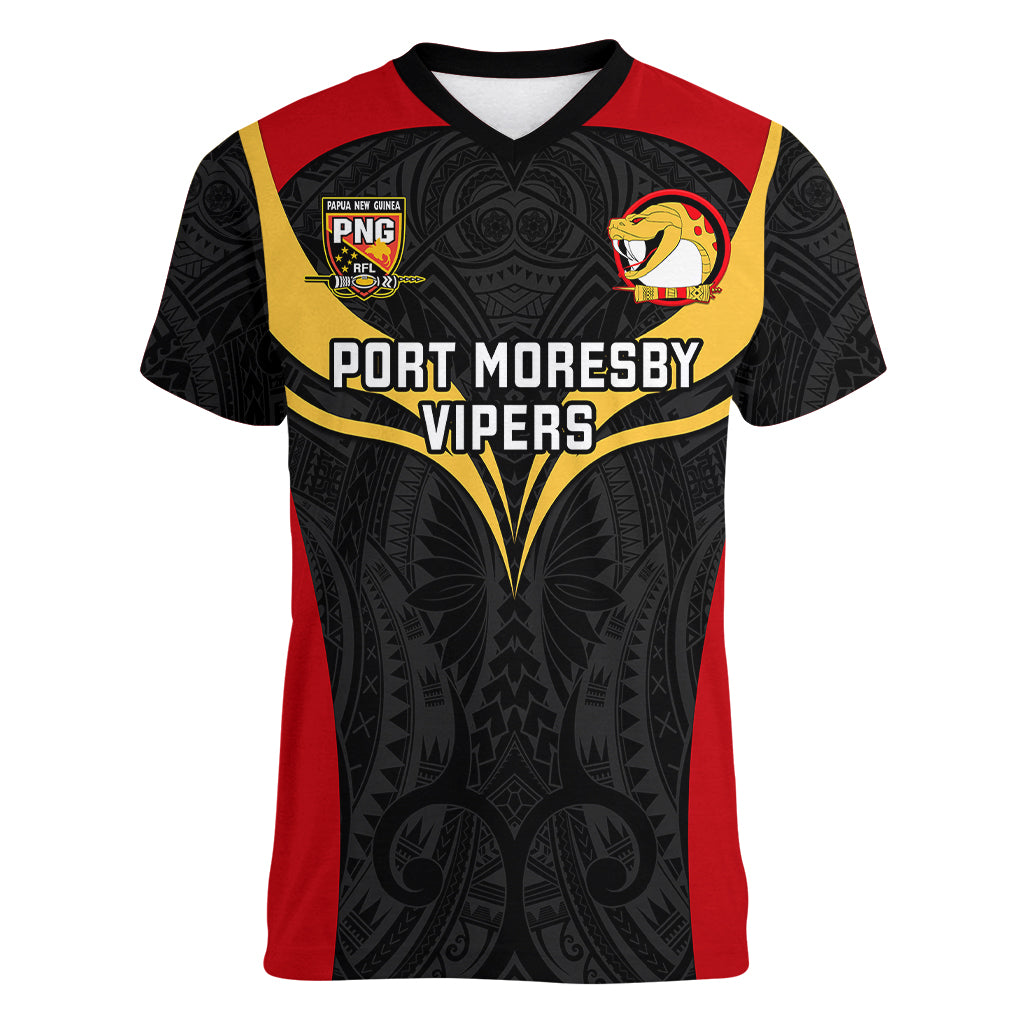 Papua New Guinea Rugby Women V Neck T Shirt Port Moresby Vipers PNG Polynesian Pattern LT14 Female Black - Polynesian Pride
