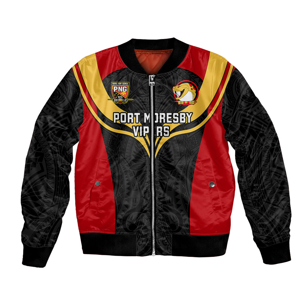Custom Papua New Guinea Rugby Bomber Jacket Port Moresby Vipers PNG Polynesian Pattern LT14 Unisex Black - Polynesian Pride
