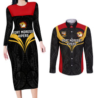 Custom Papua New Guinea Rugby Couples Matching Long Sleeve Bodycon Dress and Long Sleeve Button Shirts Port Moresby Vipers PNG Polynesian Pattern LT14 Black - Polynesian Pride